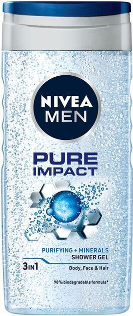Гель для душу чоловічий Nivea Men 3-в-1 Pure Impact для тіла, обличчя та волосся, 250 мл