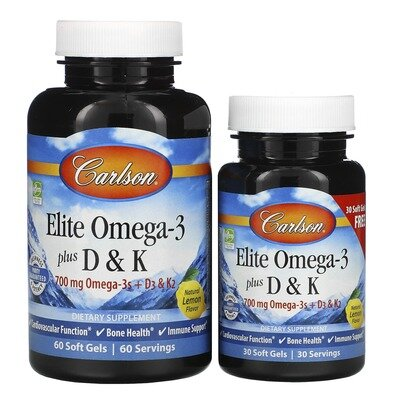 Омега-3 з вітамінами D та K Carlson Labs Elite Omega-3 + D&K 700 мг, лимон, 60+30 гелевих капсул