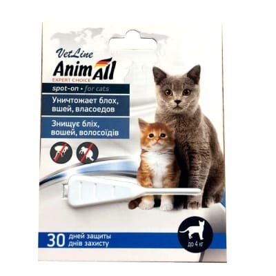 Краплі на холку AnimAll VetLine Spot-On від паразитів для котів та кошенят вагою до 4 кг, 0,5 мл