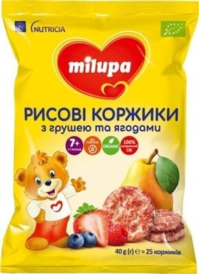 Коржики Milupa рисові з грушею і ягодами для дітей з 7 місяців, 40 г