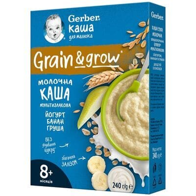 Каша молочна Gerber мультизлакова йогурт, банан та груша для дітей з 8 місяців, 240 г