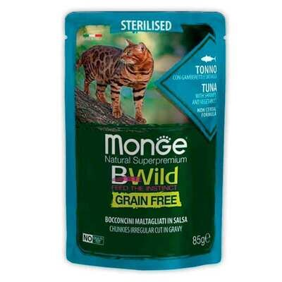 Корм вологий Monge BWild Grain Free Sterilized Adult Cat для стерилізованих котів з тунцем (шматочки в соусі), 85 г