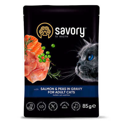 Корм вологий Savory для дорослих котів лосось з горохом в соусі, 85 г