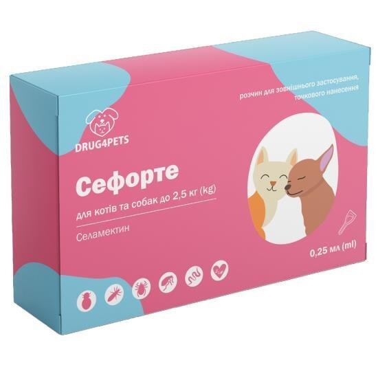 Сефорте DRUG4PETS краплі від бліх, кліщів та глистів для котів та собак вагою до 2,5 кг, 1 піпетка по 0,25 мл