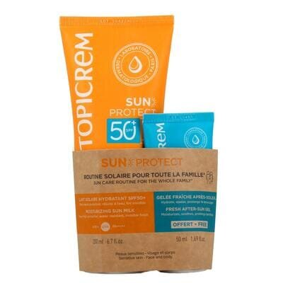 Набір Topicrem Sun Protect (Молочко для обличчя та тіла SPF50+ сонцезахисне зволожувальне, 200 мл + Гель після засмаги тонізуючий, 50 мл)