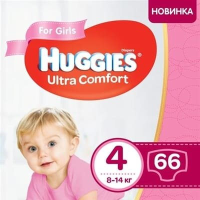 Підгузки дитячі Huggies Ultra Comfort для дівчаток розмір 4, 8-14 кг, 66 штук