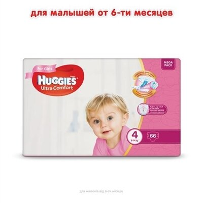 Підгузки дитячі Huggies Ultra Comfort для дівчаток розмір 4, 8-14 кг, 66 штук