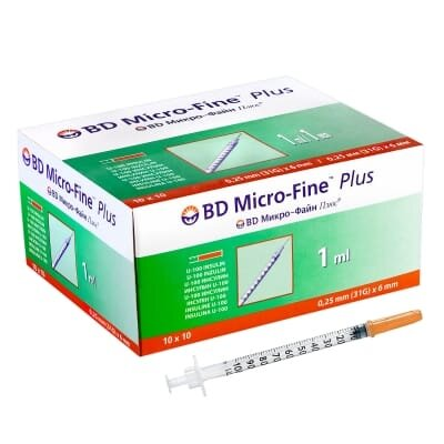 Шприц інсуліновий 1 мл U-100 BD Micro-Fine Plus 31G (0,25 x 6 мм), 10 штук