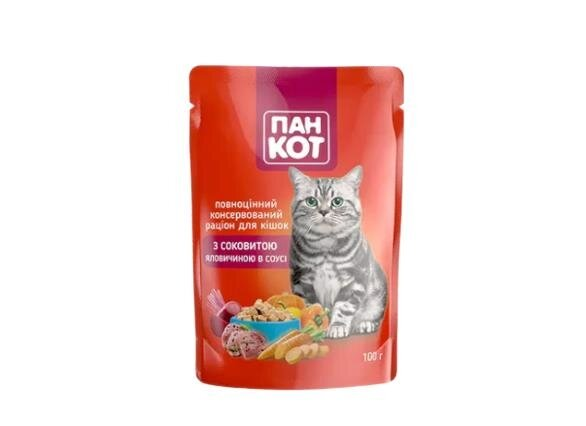 Корм вологий Пан Кот для котів з яловичиною у соусі, пауч, 100 г