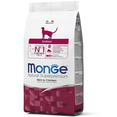 Корм сухий Monge Cat Indoor для малоактивних кішок, що живуть в приміщенні з куркою, 1,5 кг