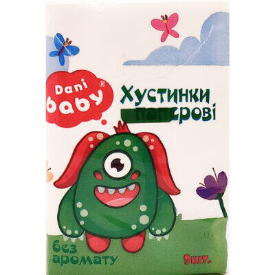 Хустинки паперові Dani Baby без аромату, зелені, 9 шт х 1 уп