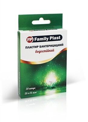 Пластир медичний «FP Family Plast» бактерицидний на полімерній основі водостійкий, прозорий 25 мм х 72 мм, 20 штук