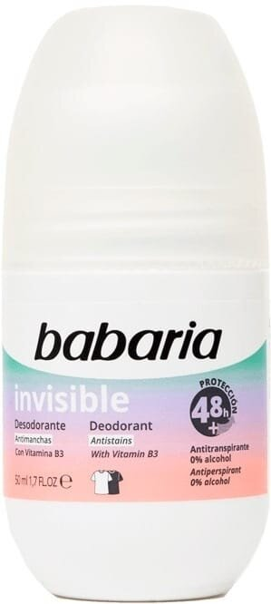 Дезодорант-антиперспірант кульковий Babaria Invisible 48h проти плям з вітаміном B3, 50 мл