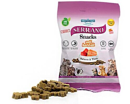 Ласощі для котів Mediterranean Natural Serrano Snacks з функцією виведення грудочок шерсті з лососем і тунцем, 50 г