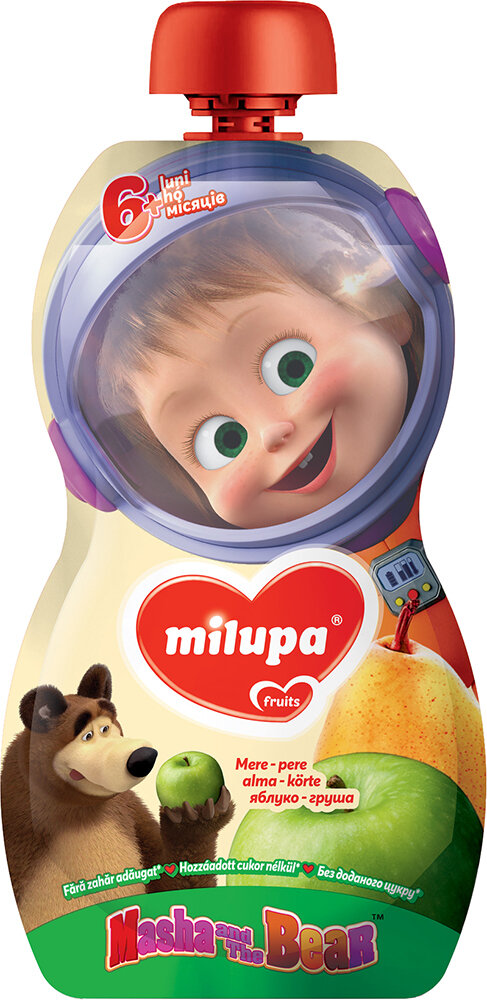 Пюре фруктове Milupa Маша і Ведмідь Яблуко, Груша, Банан і Абрикос для дітей з 6 місяців, 100 г