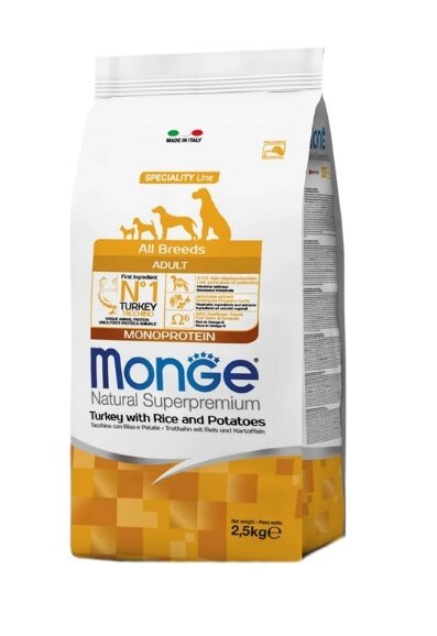 Корм сухий Monge Dog All Breeds Adult для собак усіх порід індичка з рисом і картоплею, 2,5 кг