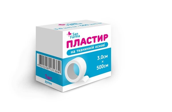 Пластир медичний San Farma на тканинній основі 3 см х 500 см, 1 штука