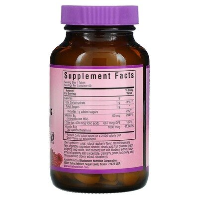Вітамін В6, B12 + Фолієва кислота Bluebonnet Nutrition Earth Sweet Vitamin B6, B12 Plus Folic Acid, зі смаком малини, 60 жувальних таблеток