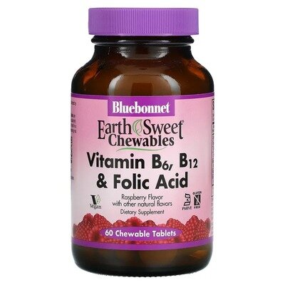 Вітамін В6, B12 + Фолієва кислота Bluebonnet Nutrition Earth Sweet Vitamin B6, B12 Plus Folic Acid, зі смаком малини, 60 жувальних таблеток