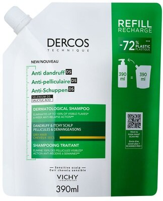 Шампунь Vichy Dercos посиленої дії проти лупи для сухого волосся та подразненої шкіри голови, змінний блок, 390 мл