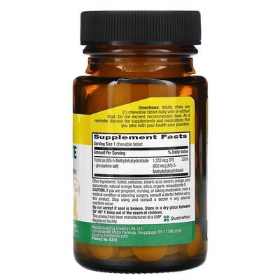 Метілфолат Country Life Methylfolate 800 мкг зі смаком апельсина, 60 жувальних таблеток