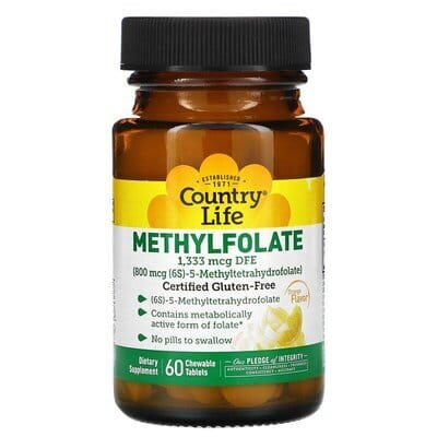 Метілфолат Country Life Methylfolate 800 мкг зі смаком апельсина, 60 жувальних таблеток