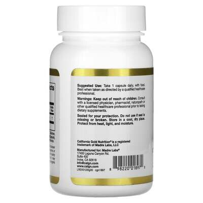 L-глутатіон відновлений California Gold Nutrition L-Glutathione 500 мг, 30 рослинних капсул