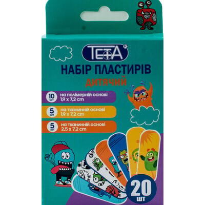 Набір пластирів Teta Дитячий, на тканинній та полімерній основі, 7,2 х 1,9 см та 7,2 х 2,5 см, 20 штук