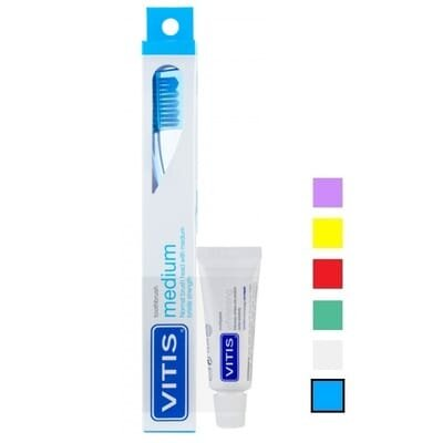 Набір Dentaid Vitis зубна щітка Medium середньої жорсткості (синя) + Vitis Whitening зубна паста 15 мл