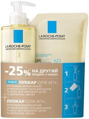 Набір La Roche-Posay Lipikar AP+ (Олія ліпідовідновлювальна очищувальна для ванни та душу для немовлят, дітей та дорослих 400 мл + рефіл 400 мл)