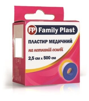 Пластир медичний «FP Family Plast» на нетканій основі в котушці з підвісом 2,5 см х 500 см, 1 штука