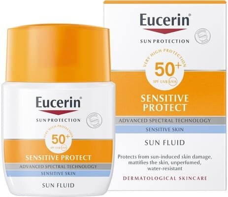 Флюїд сонцезахисний для обличчя Eucerin Sun SPF50+ Sensitive Protect для чутливої комбінованої та жирної шкіри (63840), 50 мл