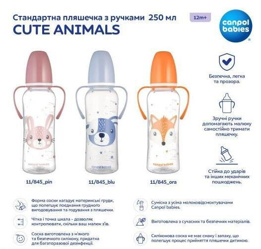 Пляшечка Canpol Babies Cute Animals 11/845_blu з ручками синя, 250 мл