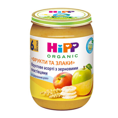 Пюре фруктове HiPP Organic Фрукти та злаки, фруктове асорті із зерновими пластівцями, 190 г