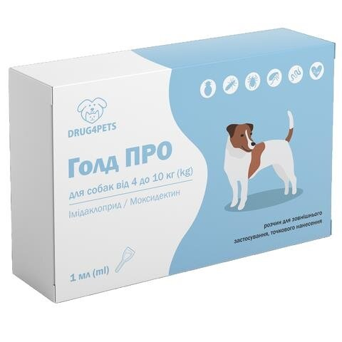 Голд ПРО DRUG4PETS краплі від бліх, кліщів та глистів для собак вагою 4-10 кг, 1 піпетка по 1 мл