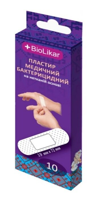 Пластир бактерицидний Biolikar нетканій основі 1,9 см х 7,2 см, 10 штук