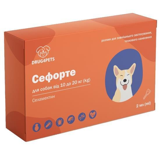 Сефорте DRUG4PETS краплі від бліх, кліщів та глистів для собак вагою 10 - 20 кг, 1 піпетка по 2 мл