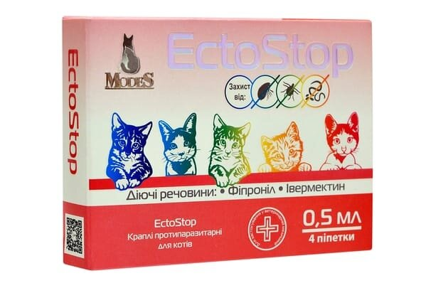 ЕктоСтоп ModeS протипаразитарні краплі для котів до 4 кг, 4 піпетки по 0,5 мл
