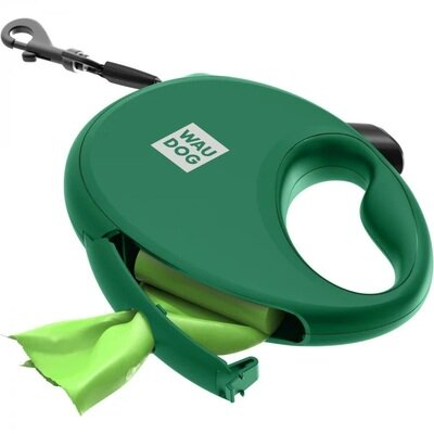 Повідець-рулетка для собак Collar WAUDOG R-leash з контейнером для пакетів, до 20 кг, світловідбивна стрічка, розмір М, зелений, 5 м