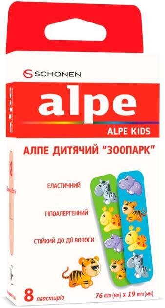 Пластир медичний Alpe Kids Дитячий Зоопарк на нетканій основі, 76 мм х 19 мм, 8 штук