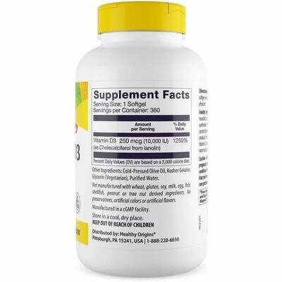 Вітамін Д3 Healthy Origins Vitamin D3 10 000 МО, 360 капсул
