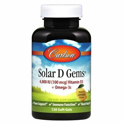 Риб'ячий жир з вітаміном D3 Carlson Labs Solar D Gems 4000 МО зі смаком лимона, 120 капсул