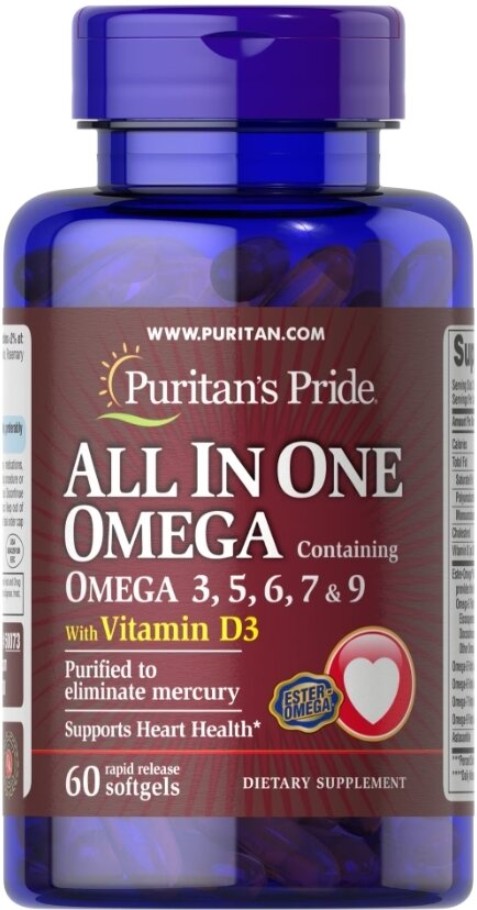 Омега 3,5,6,7,9 з вітаміном Д3 Puritan's Pride All In One Omega 3, 5, 6, 7 and 9 with Vitamin D3, 60 гелевих капсул