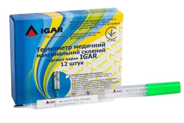 Термометр медичний IGAR максимальний ртутний, скляний, 1 штука