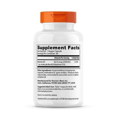 Вітамін D3 веган Doctor's Best Vegan D3 with Vitashine D3 2500 МО, 60 вегетаріанських капсул