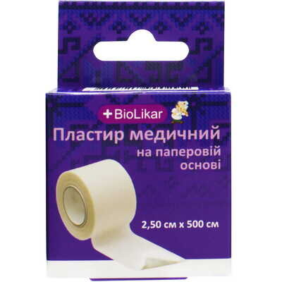 Пластир медичний Biolikar на паперовій основі 2,5 см х 500 см, 1 штука