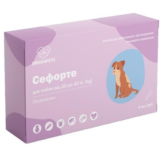 Сефорте DRUG4PETS краплі від бліх, кліщів та глистів для собак вагою 20 - 40 кг, 1 піпетка по 4 мл