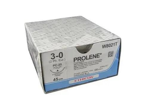 Шовний матеріал хірургічний Prolene W8021Т р. USP 3/0, нерозсмоктуючий довжина 45 см, ріжуча голка 26 мм, 3/8 кола