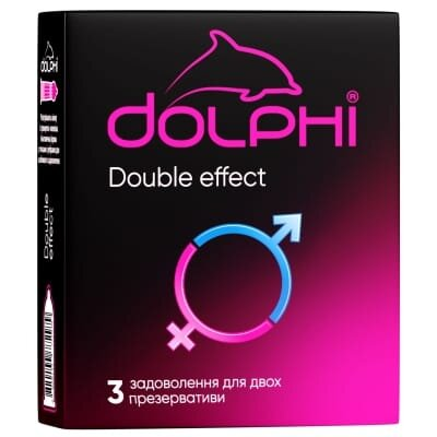 Презервативи латексні Dolphi Double effect з ребрами і точками та двома видами змазки: розігріваюча та анестетик, 3 штуки