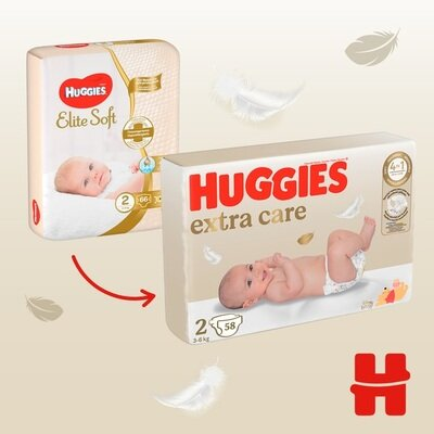 Підгузки Huggies Extra Care дитячі, розмір 2, 3-6 кг, 58 шт